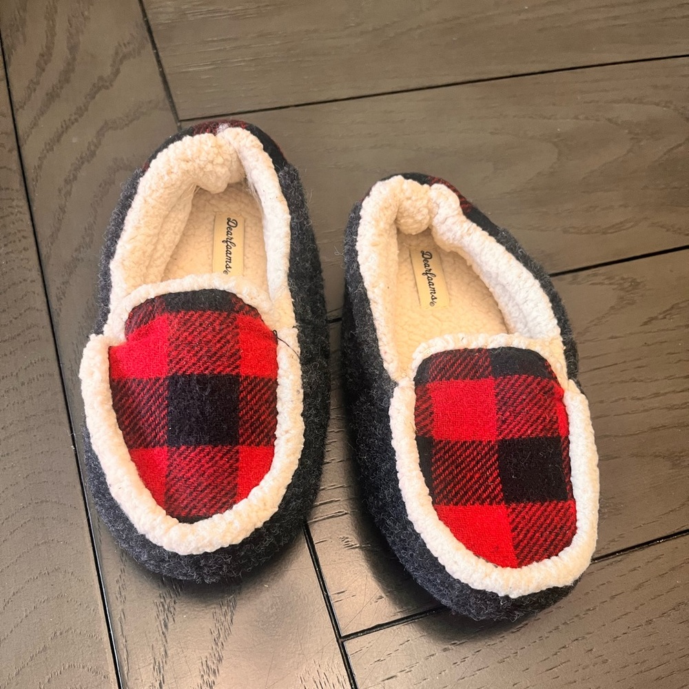 Little boy, Christmas slippers, red and black buffalo print size 11/12